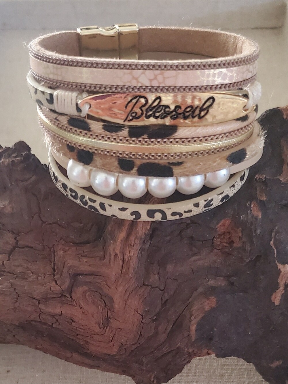 New "Blessed"Leather Leopard Print Multi-Strand Cuff Bracelet Pearl Boho Western